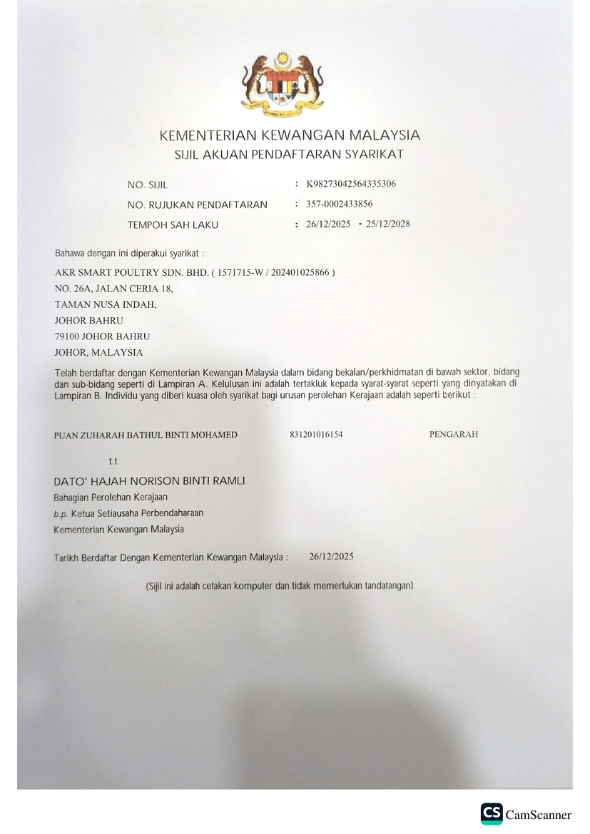 Sijil pendaftaran syarikat Kementerian Kewangan MOF untuk AKR Smart Poultry Sdn Bhd Malaysia